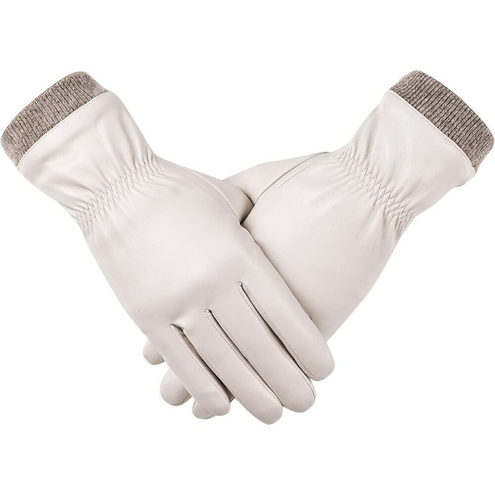 Women's Beige Winter Leather Gloves Wool Fleece Lined Thermal Touchscreen